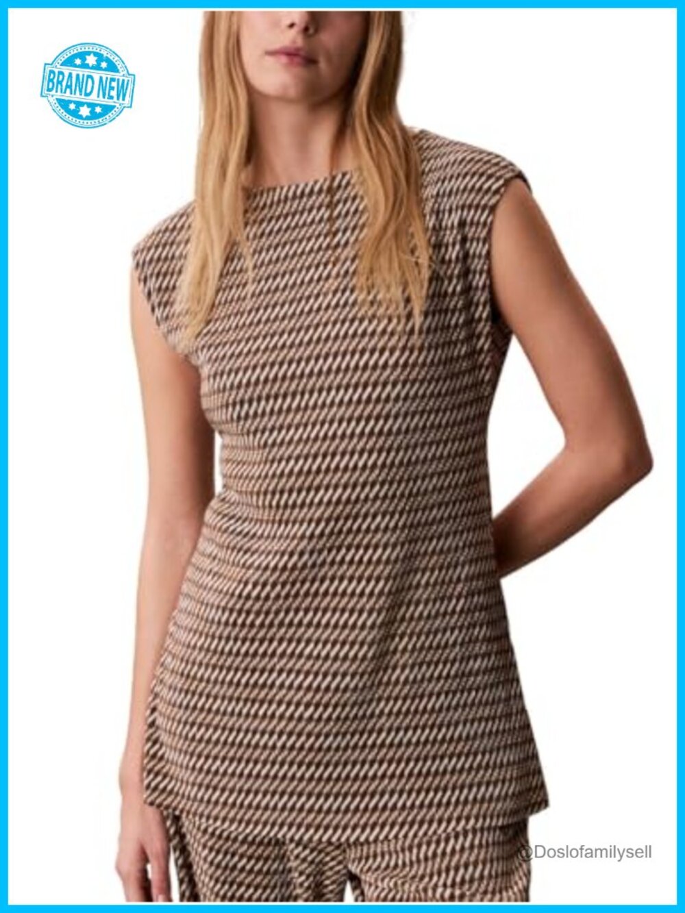 Calvin Klein Women's Printed Plisse Boat Neck Tunic Short Cap Sleeve